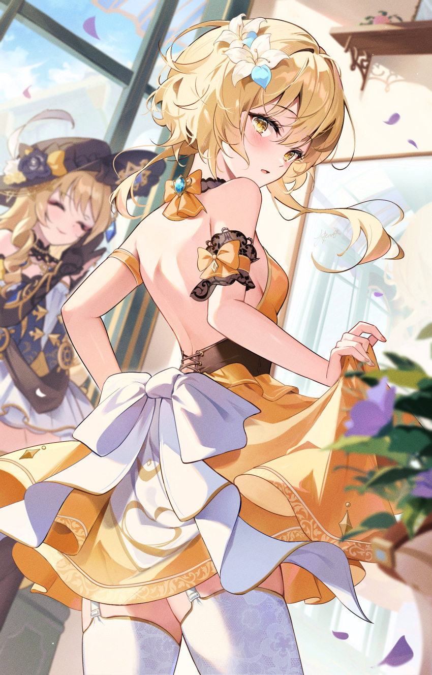 2girls absurdres alternate_costume back_bow bare_shoulders black_gloves black_headwear blonde_hair blue_gemstone bow closed_eyes closed_mouth cloud cloudy_sky dress dress_bow drill_hair floating_hair flower garter_straps gem genshin_impact gloves hair_flower hair_ornament highres indoors kokonex looking_at_viewer looking_back lumine_(genshin_impact) multiple_girls navia_(genshin_impact) parted_lips short_hair_with_long_locks sidelocks single_glove sky smile thighhighs white_bow white_flower white_thighhighs yellow_bow yellow_dress yellow_eyes