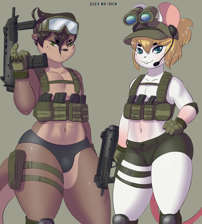 abs ahoge anthro black_bottomwear black_clothing black_hair black_shorts blonde_hair blue_eyes blush bottomwear brown_body brown_fur buckteeth bulge clothing duo fur girly green_bottomwear green_clothing green_eyes green_hat green_headwear green_pupils green_shorts green_topwear green_vest gun hair hat headgear headwear hi_res holding_gun holding_object holding_weapon hotpants knee_pads looking_at_viewer magazine_(gun) male mammal marvin_(mr-shin) midriff mouse mr-shin murid murine muscular muscular_anthro muscular_male mustelid otter pink_inner_ear pupils ranged_weapon river_otter rodent shin_(mr-shin) shorts smile standing tan_body tan_fur teeth thick_thighs tight_clothing topwear vest weapon white_body white_fur