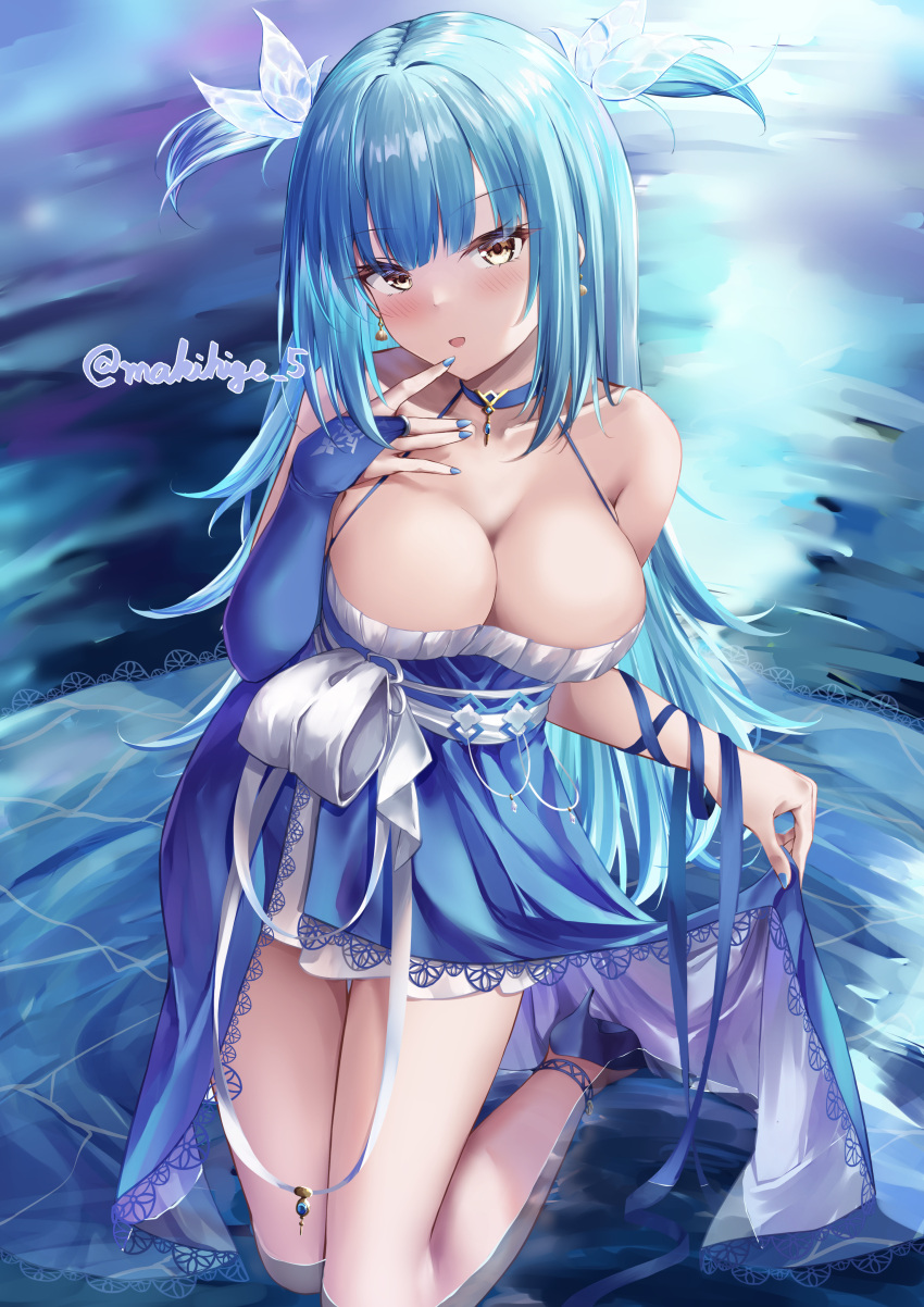 1girl absurdres azur_lane bare_shoulders blue_dress blue_hair blunt_bangs blush breasts bridal_gauntlets cleavage dress fingernails full_body high_heels highres jewelry kneeling large_breasts long_hair looking_at_viewer makihige nail_polish neptune_(azur_lane) neptune_(nereid's_invitation)_(azur_lane) official_alternate_costume open_mouth shoes short_twintails skirt_hold smile solo twintails twitter_username water yellow_eyes