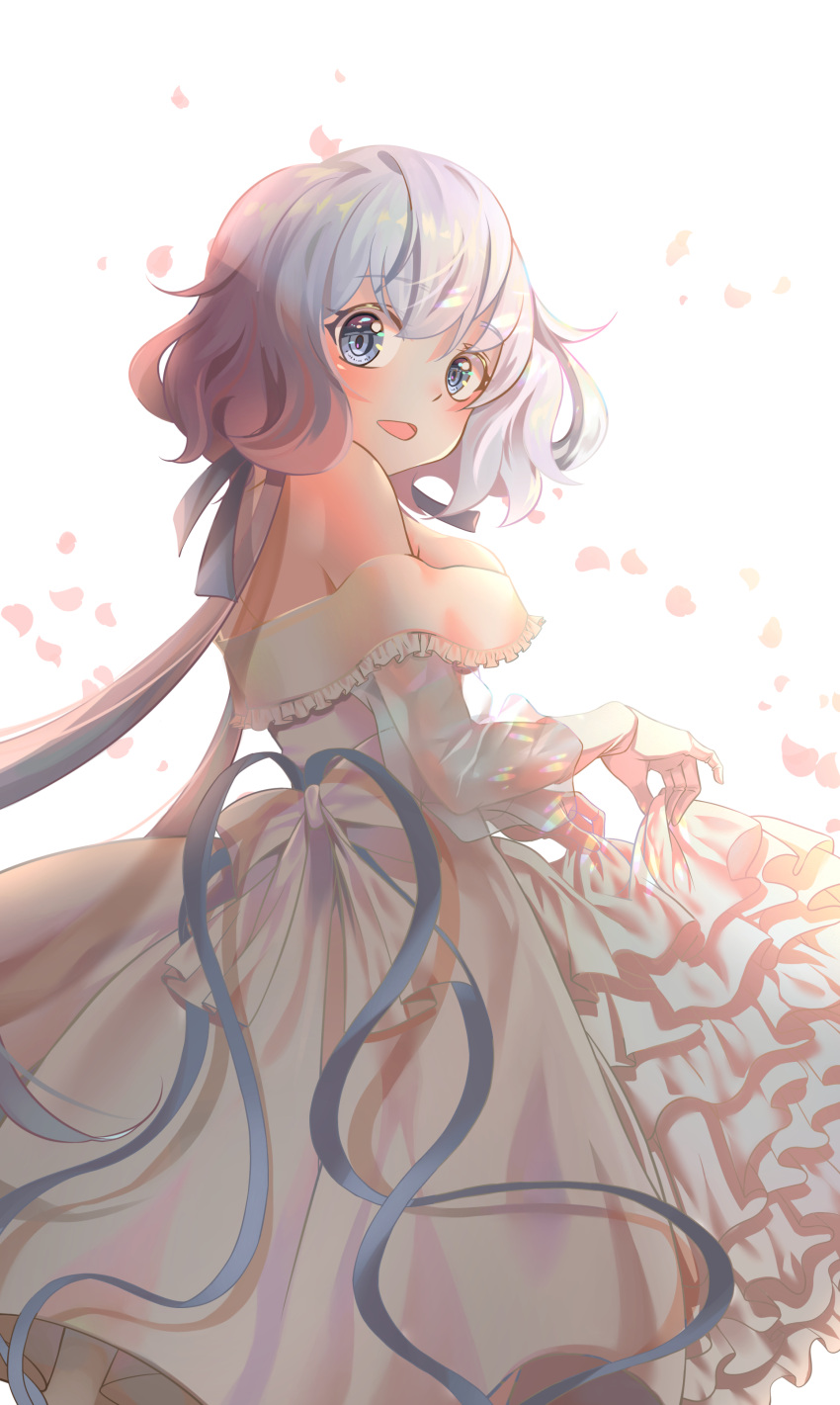 1girl absurdres back_bow bare_back bare_shoulders blue_eyes blue_ribbon bow breasts cleavage clothes_lift commentary_request crossed_bangs dress dress_lift falling_petals frilled_dress frills from_behind from_side gloves gonzz_(gon2rix) hair_between_eyes hair_flaps hair_ribbon head_tilt highres holding konno_junko large_breasts lifted_by_self long_hair long_sleeves low_twintails medium_hair off-shoulder_dress off_shoulder open_mouth petals ribbon rose_petals sideboob simple_background smile twintails wavy_hair wedding_dress white_background white_bow white_dress white_gloves white_hair zombie_land_saga