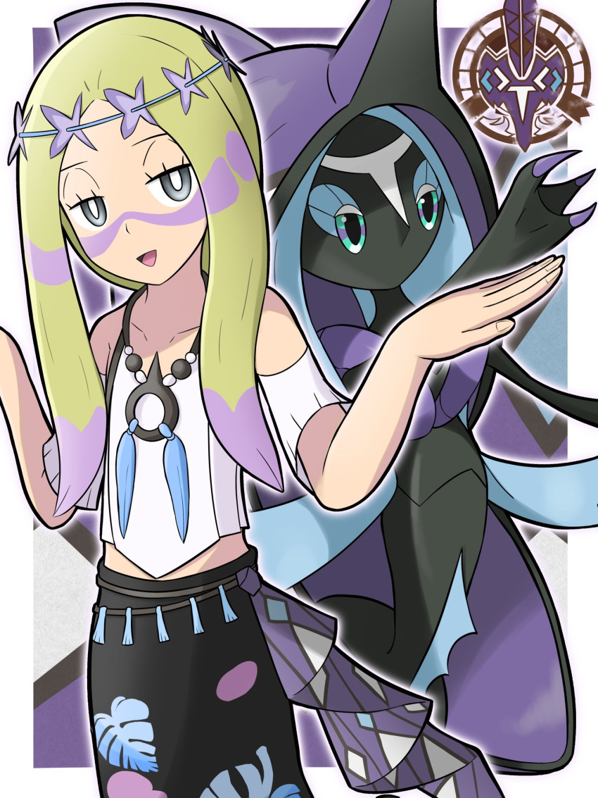 1girl black_skirt blonde_hair border bright_pupils collarbone grey_eyes half-closed_eyes highres mina_(pokemon) mina_(sygna_suit)_(pokemon) nasubi_shirasu official_alternate_costume outside_border paint_splatter paint_splatter_on_face pokemon pokemon_(creature) pokemon_(game) pokemon_masters_ex skirt smile tapu_fini white_border white_pupils z-move_trainer_pose