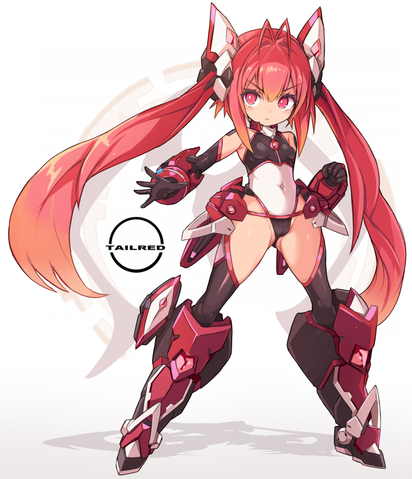 1girl antenna_hair ass_visible_through_thighs breasts cameltoe commentary_request covered_navel full_body gradient_background grey_background groin headgear highres karukan_(monjya) long_hair looking_at_viewer mecha_musume mitsuka_souji ore_twintail_ni_narimasu red_eyes red_hair small_breasts solo tailred twintails very_long_hair white_background