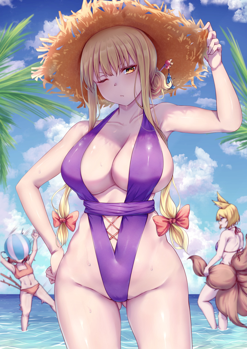 3girls absurdres animal_ears ass_visible_through_thighs ball beach beachball bikini blonde_hair blue_sky breasts brown_headwear casual_one-piece_swimsuit cat_tail chen cleavage closed_mouth cloud commentary cross-laced_clothes fox_ears fox_girl fox_tail groin hair_ornament hairpin hand_on_headwear hand_on_own_hip hat highres horizon kitsune large_breasts looking_at_viewer mirufui multiple_girls multiple_tails ocean one-piece_swimsuit one_eye_closed outdoors palm_tree purple_one-piece_swimsuit red_bikini short_hair sidelocks sky slingshot_swimsuit solo_focus straw_hat sun_hat swimsuit tail touhou tree two_tails wading wet yakumo_ran yakumo_yukari yellow_eyes