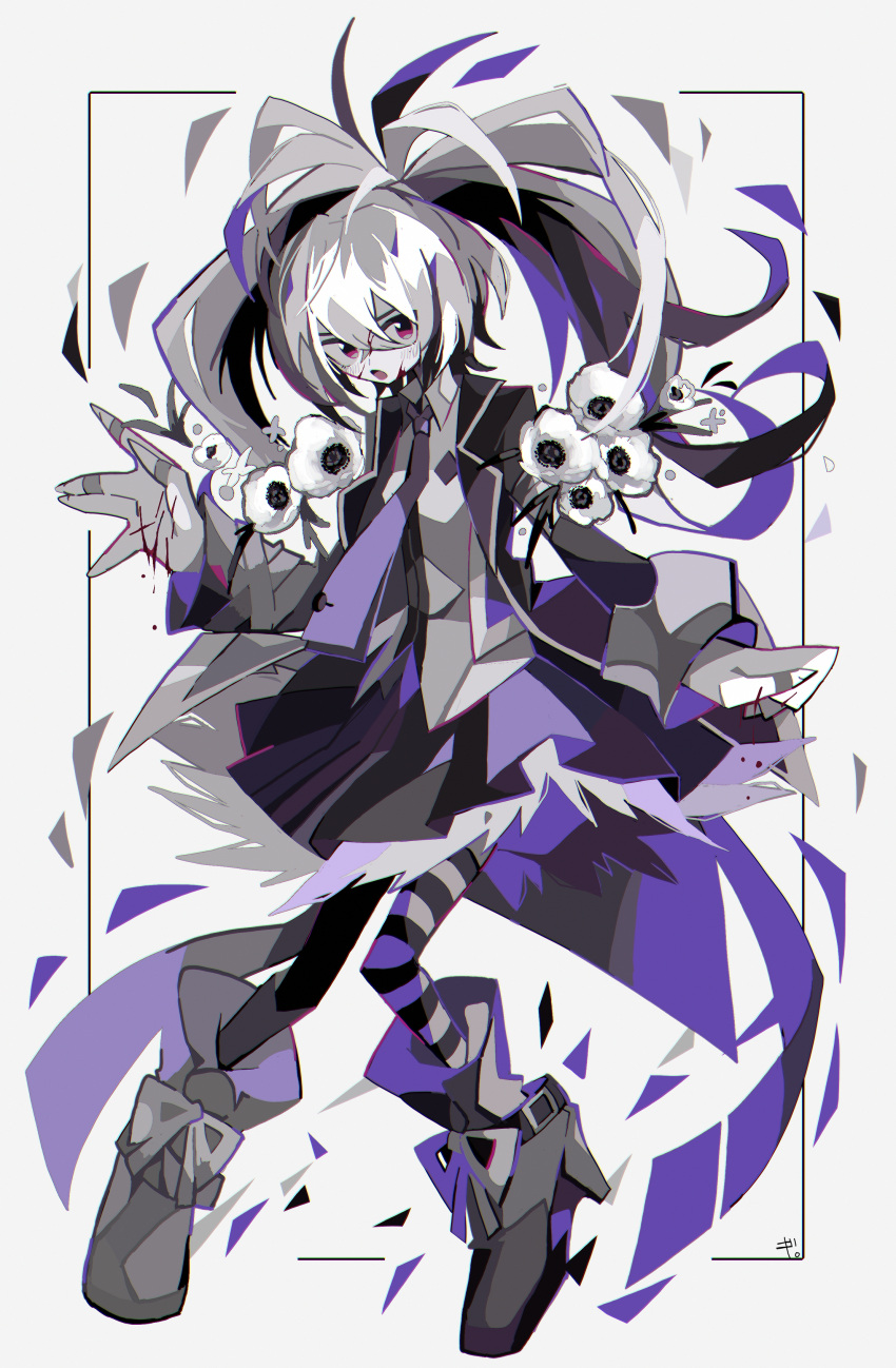 1girl :o absurdres asagina_gi asymmetrical_legwear black_hair black_jacket black_pantyhose black_skirt blood blood_on_face blood_on_hands blue_necktie blush boots border collared_shirt commentary cuts flower_(vocaloid) flower_(vocaloid3) full_body fur-trimmed_skirt fur_trim grey_footwear grey_shirt highres injury jacket looking_at_viewer mismatched_legwear necktie open_mouth pantyhose purple_hair red_eyes shirt signature simple_background skirt solo striped striped_pantyhose symbol-only_commentary twintails vocaloid white_background white_hair