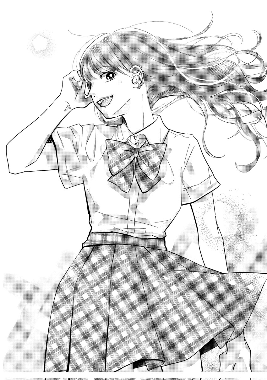 1girl :d arm_at_side bow bowtie bright_pupils clothes_lift collared_shirt commentary ear_piercing earrings feet_out_of_frame floating_hair greyscale halftone hand_on_own_head hand_up highres hoop_earrings jewelry long_hair looking_at_viewer monochrome open_mouth original pentagon_(shape) piercing plaid plaid_bow plaid_bowtie plaid_skirt pleated_skirt saitou_shiori_(pixiv14549321) school_uniform shirt short_sleeves sideways_glance skirt skirt_lift smile solo summer_uniform teeth turning_head upper_teeth_only wavy_hair wind