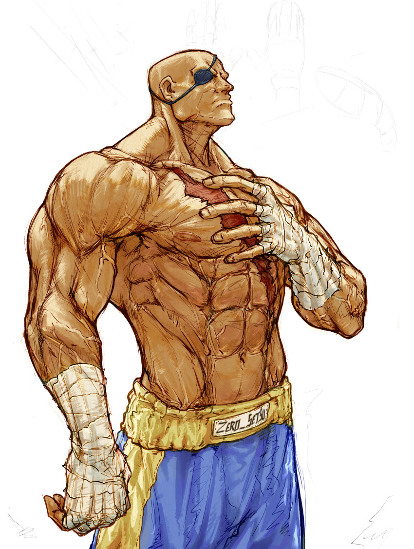 1boy abs absurdres bald blue_shorts collarbone dark-skinned_male dark_skin eyepatch fingerless_gloves gloves hand_on_own_chest highres male_focus muay_thai muscular muscular_male nishimura_kinu nishimura_kinu_(style) sagat scar scar_on_chest setsuna_kasugano shorts standing street_fighter topless_male veins veiny_arms white_background