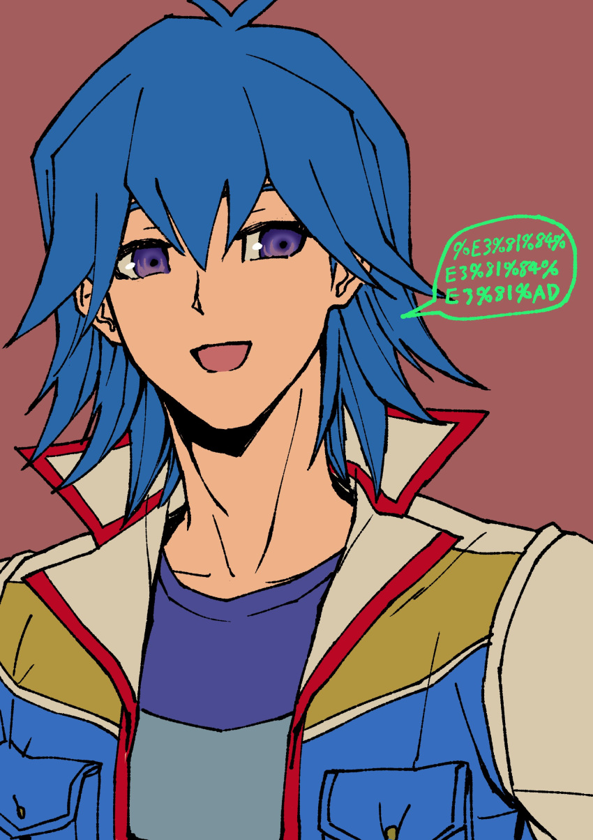 1boy absurdres blue_hair blue_shirt breast_pocket bruno_(yu-gi-oh!) flat_color hexadecimal high_collar highres jacket looking_to_the_side male_focus open_clothes open_jacket open_mouth pocket purple_eyes red_background shirt short_hair simple_background smile solo speech_bubble talking translated upper_body youko-shima yu-gi-oh! yu-gi-oh!_5d's
