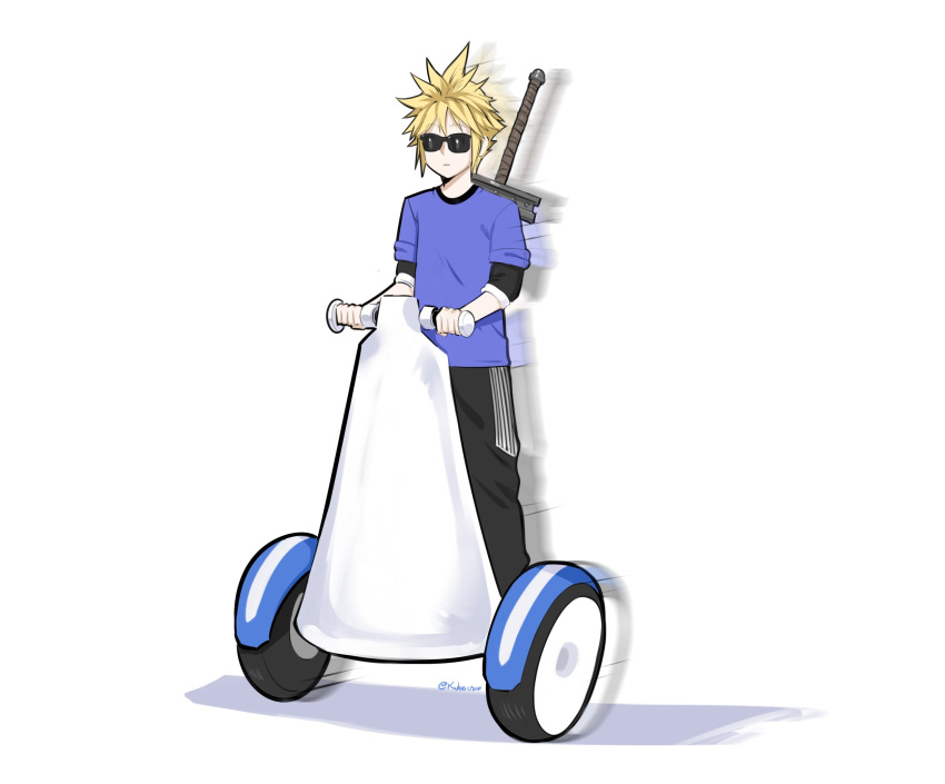 1boy afterimage buster_sword casual cloud_strife final_fantasy final_fantasy_vii final_fantasy_vii_rebirth final_fantasy_vii_remake highres kubaushi official_alternate_costume segway simple_background solo spiked_hair sunglasses