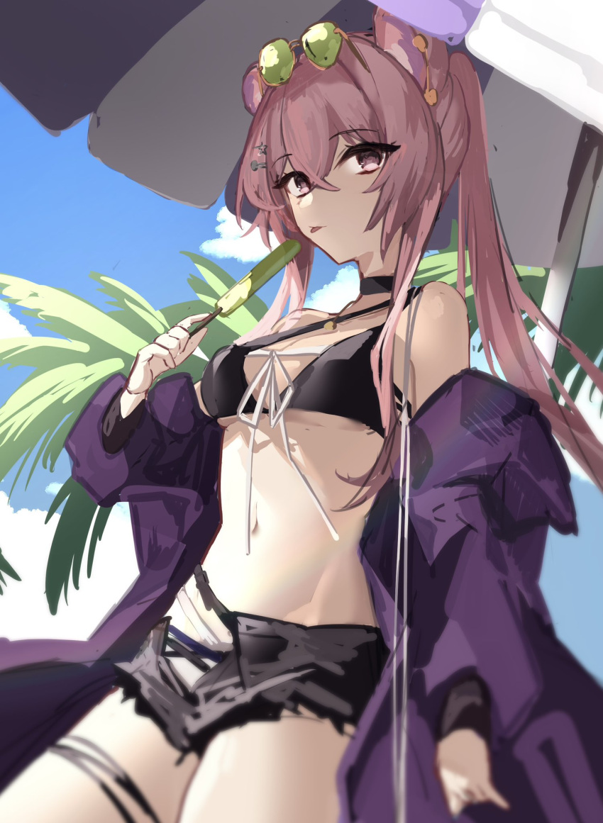 1girl :p animal_ears arknights bare_shoulders beach_umbrella bikini black_bikini black_choker blue_sky breasts choker clothes_down commentary_request cowboy_shot expressionless eyewear_on_head food goma_74umai green-tinted_eyewear halterneck highres holding holding_food holding_popsicle jacket lin_(arknights) long_hair looking_at_viewer mouse_ears navel official_alternate_costume open_clothes open_jacket outdoors palm_tree pink_eyes pink_hair popsicle purple_jacket sideways_glance sketch sky small_breasts solo stomach sunglasses swimsuit tinted_eyewear tongue tongue_out tree twintails umbrella