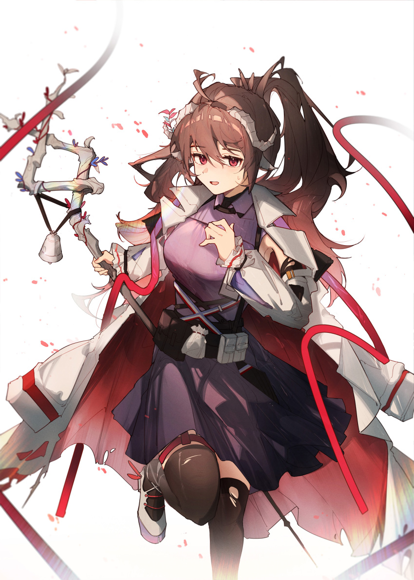 1girl absurdres animal_ears arknights bag bell black_thighhighs breasts brown_hair coat dress eyjafjalla_(arknights) eyjafjalla_the_hvit_aska_(arknights) feet_out_of_frame fingernails goat_girl highres holding holding_staff horns huajiaohaibao long_hair long_sleeves looking_at_viewer mage_staff medium_breasts open_mouth ponytail purple_dress purple_shirt red_eyes red_ribbon ribbon sheep_ears sheep_girl shirt simple_background skirt solo staff standing standing_on_one_leg thigh_strap thighhighs thighs torn_clothes white_coat white_dress white_footwear white_sleeves