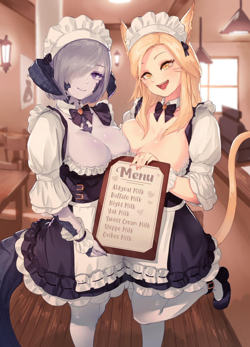 2girls animal_ears apron au_ra blonde_hair blurry blurry_background bow breasts cash_register cat_ears cat_girl cat_tail chair claws closed_mouth detached_collar fangs final_fantasy final_fantasy_xiv grey_hair highres holding holding_menu indoors large_breasts long_hair long_sleeves looking_at_viewer maid maid_apron maid_cafe maid_headdress medium_hair menu menu_board miqo'te mocomori multiple_girls open_mouth original purple_eyes scales smile standing standing_on_one_leg table tail whiskers yellow_eyes