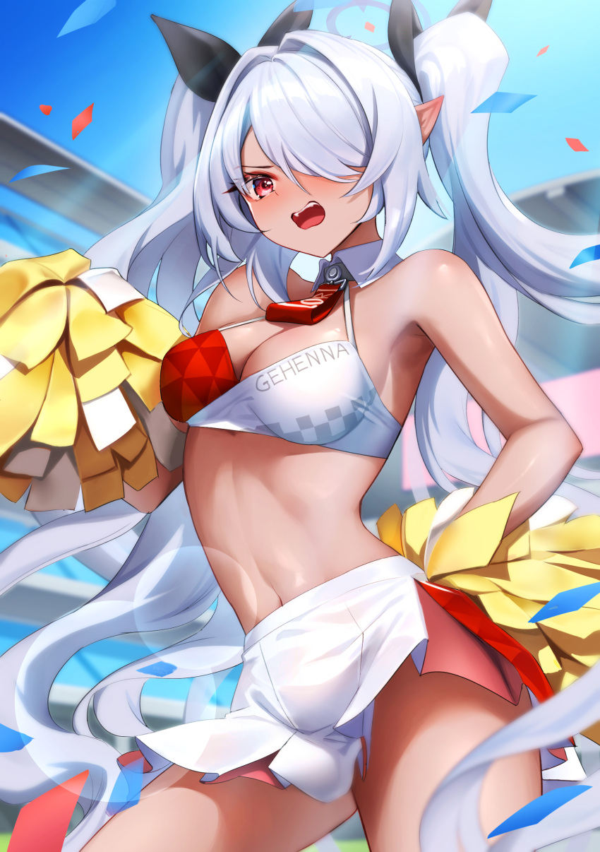 1girl absurdres bare_shoulders black_ribbon blue_archive breasts cheerleader cleavage confetti crop_top dark-skinned_female dark_skin day grey_hair hair_over_one_eye hair_ribbon halo highres holding holding_pom_poms iori_(blue_archive) lens_flare long_hair medium_breasts millennium_cheerleader_outfit_(blue_archive) navel open_mouth outdoors pleated_skirt pointy_ears pom_pom_(cheerleading) red_eyes ribbon sakurahuji-iro skirt solo stomach teeth twintails two-tone_skirt upper_teeth_only very_long_hair