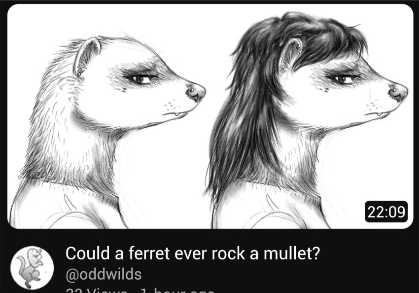 2023 anthro clothed clothing cute_fangs domestic_ferret english_text facial_piercing female fur greyscale hair mammal monochrome mullet mustelid musteline nose_piercing oddwilds piercing solo text true_musteline weasel