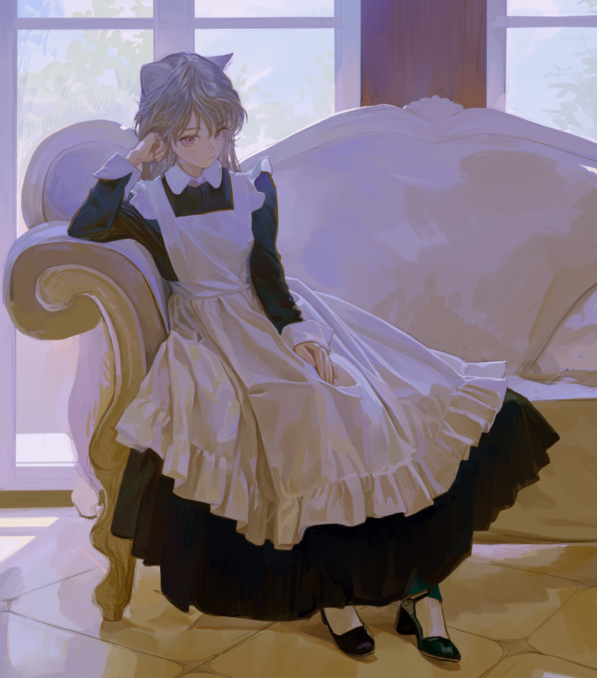 1girl animal_ear_fluff animal_ears feiqizi_(fkey) fkey hand_on_own_head highres indoors long_sleeves looking_at_viewer maid mary_janes original purple_eyes shoes window