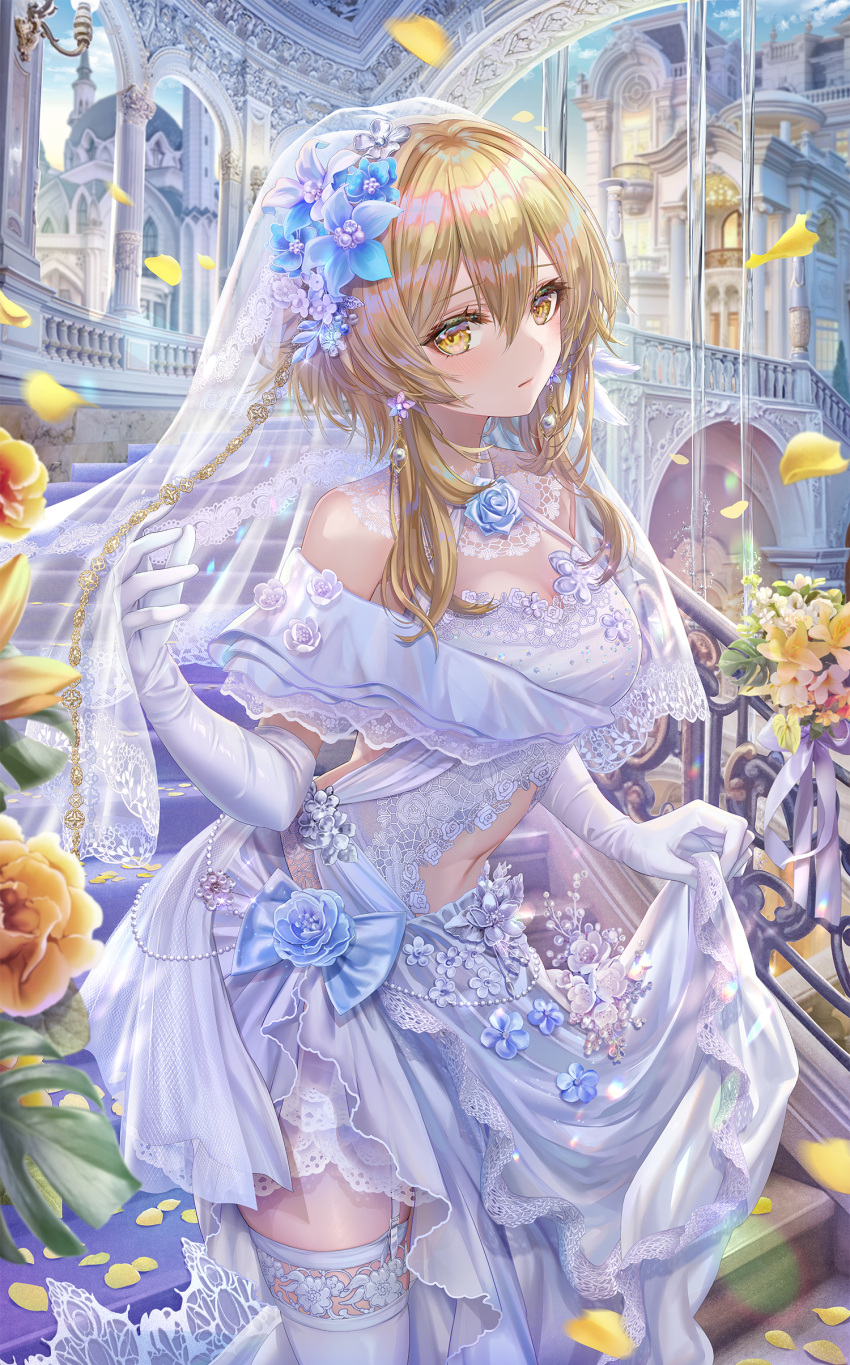 1girl absurdres alternate_costume beads blonde_hair blue_flower breasts bridal_veil closed_mouth clothing_cutout dress elbow_gloves falling_petals flower garter_straps genshin_impact gloves hair_flower hair_ornament halterneck highres long_dress looking_at_viewer lumine_(genshin_impact) navel navel_cutout off-shoulder_dress off_shoulder petals revision rose rose_petals short_hair_with_long_locks sidelocks skindentation solo stairs thighhighs torino_aqua veil water waterfall wedding_dress white_dress white_flower white_gloves white_rose white_thighhighs yellow_eyes yellow_flower yellow_rose