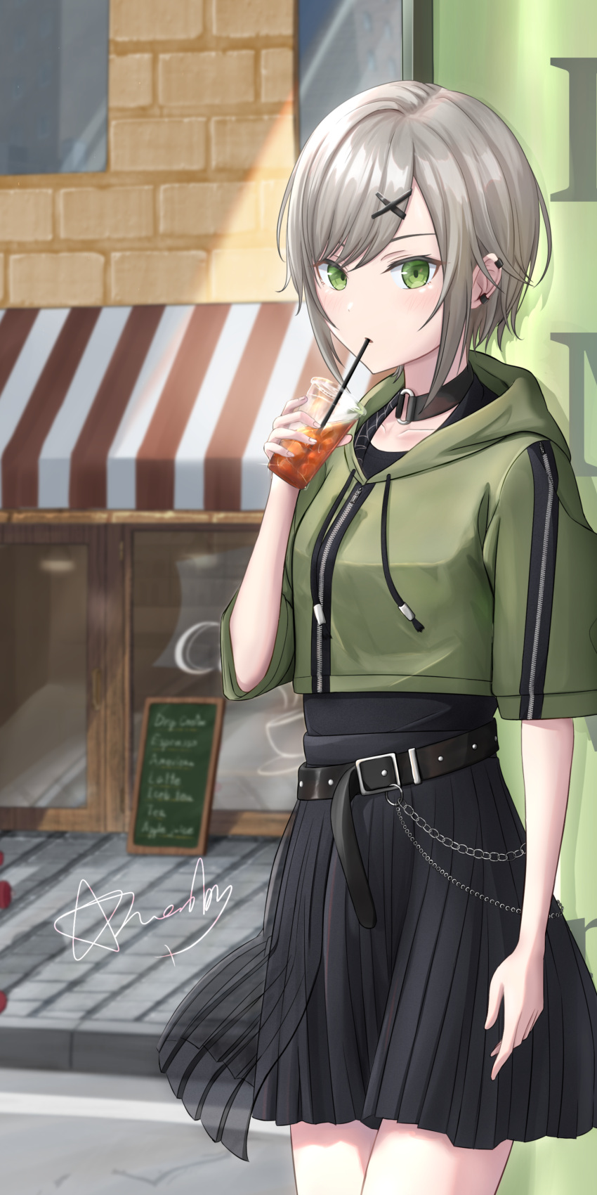 1girl absurdres belt collar corrupted_file drinking drinking_straw ear_piercing green_eyes green_hoodie grey_hair hair_ornament highres hinomori_shiho hood hoodie hoshino_nasubi iced_tea leo/need_(project_sekai) piercing pleated_skirt project_sekai short_hair skirt solo solo_focus x_hair_ornament