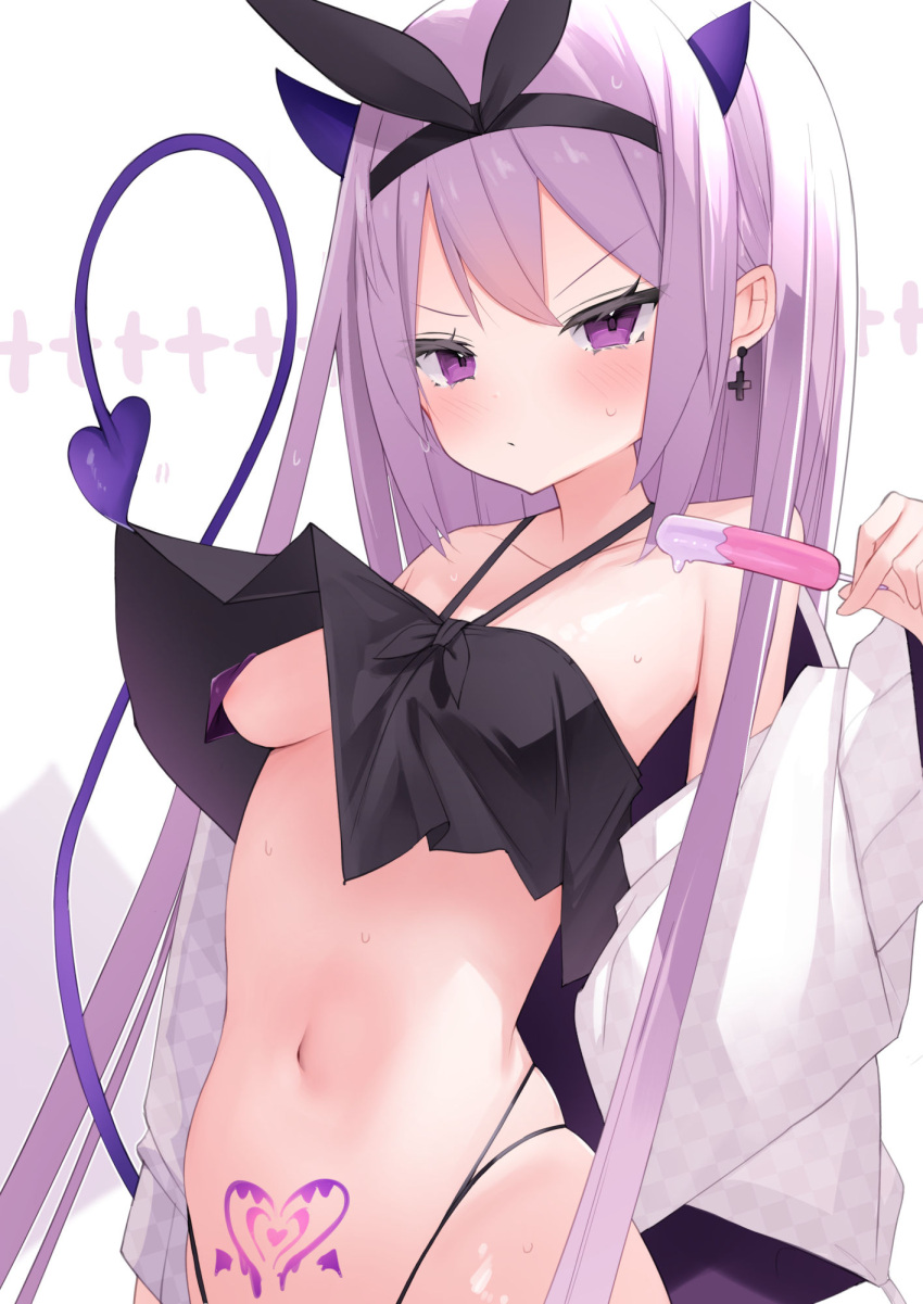 1girl bare_shoulders bikini black_bikini blush breasts cisyo closed_mouth collarbone commentary_request demon_girl demon_horns demon_tail food halterneck highres holding holding_food horns jacket long_hair looking_at_viewer medium_breasts navel open_clothes open_jacket original popsicle pubic_tattoo purple_eyes purple_hair solo sweat swimsuit tail tattoo v-shaped_eyebrows very_long_hair white_background white_jacket