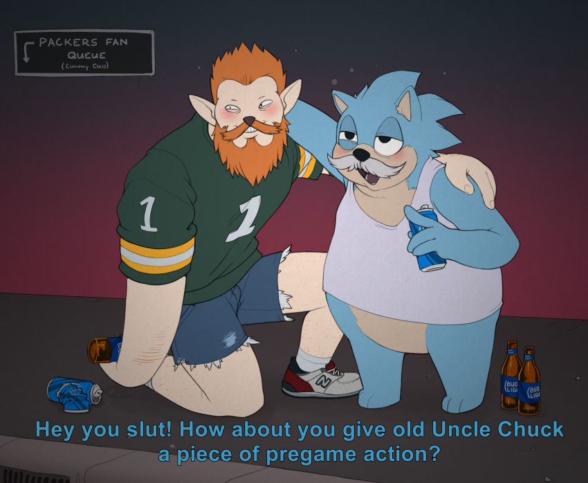 absurd_res bud_light canid canine clothing dialogue drunk duo eulipotyphlan football_jersey fox hedgehog hi_res male male/male mammal mark_latour ricksteubens sega shirt sonic_the_hedgehog_(series) sonic_underground substance_intoxication tamers12345's_sonic_underground tank_top topwear uncle_chuck