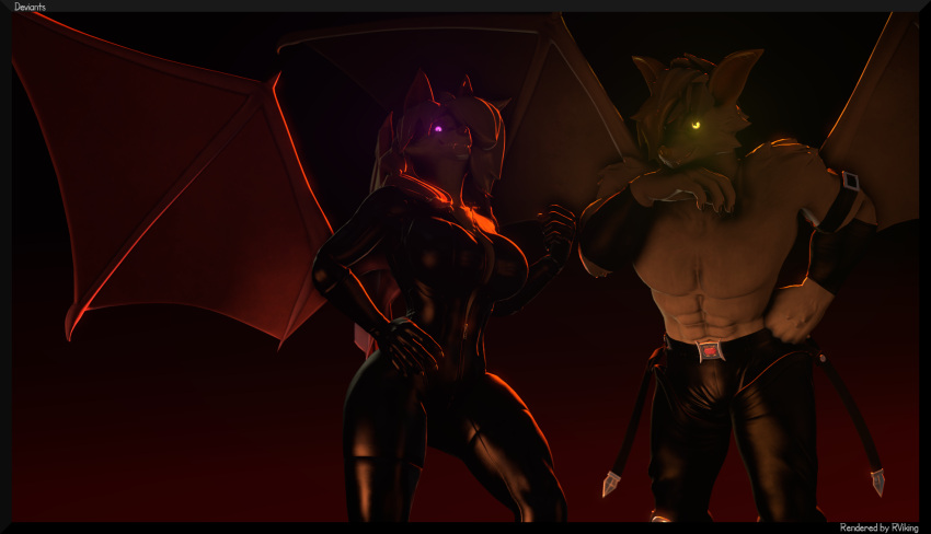 2023 3d_(artwork) 5_fingers abs anthro athletic athletic_anthro athletic_male bat blonde_hair bodysuit bottomwear breasts brother_(lore) brother_and_sister_(lore) clothed clothing digital_media_(artwork) duo fangs female fingers fur glowing glowing_eyes hair hair_over_eye hi_res humanoid_hands male mammal membrane_(anatomy) membranous_wings navel one_eye_obstructed pants pecs petruz_(copyright) pink_hair reindeerviking sibling_(lore) sister_(lore) skinsuit smile source_filmmaker talia_strellus teeth tight_clothing topless topless_anthro topless_male vesper_strellus white_body white_fur wings