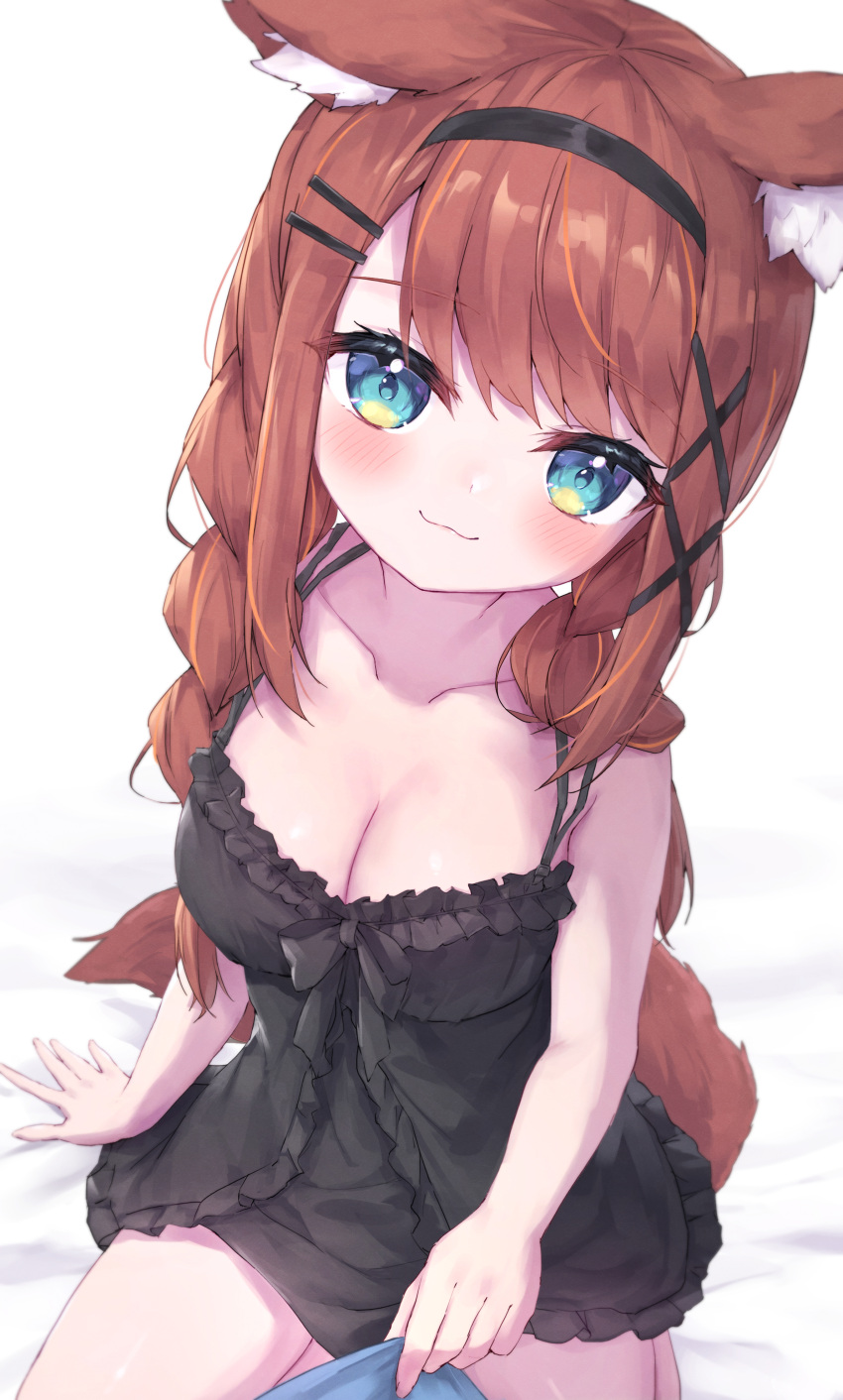 1girl absurdres animal_ear_fluff animal_ears bare_arms bare_shoulders bed_sheet black_camisole black_hairband blue_eyes blush braid breasts brown_hair camisole cleavage closed_mouth collarbone commentary_request hair_ornament hairband hairclip highres long_hair looking_at_viewer low_twintails masaki_(msk064) medium_breasts original simple_background sitting smile solo tail twin_braids twintails very_long_hair white_background x_hair_ornament