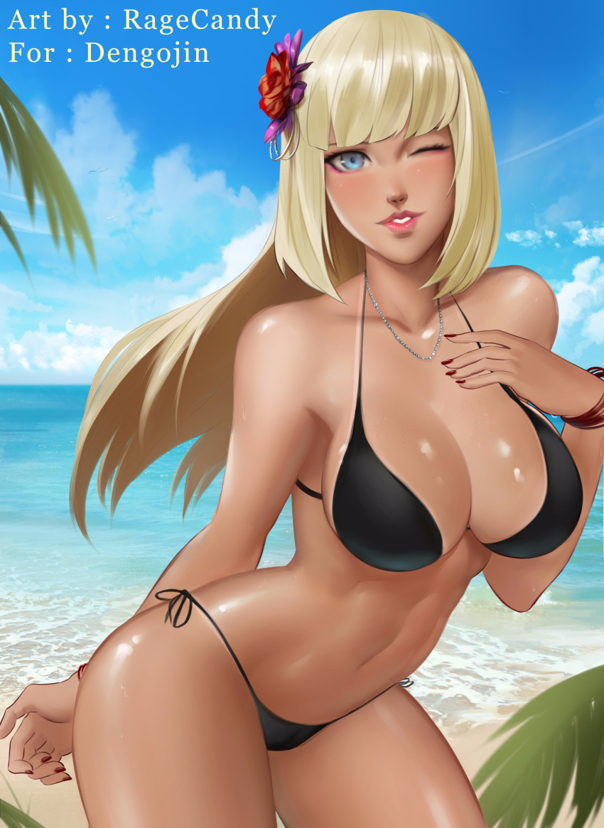 1girl ;) absurdres artist_name beach bikini bikini_tan black_bikini blonde_hair blue_sky bracelet breasts cleavage commentary commission contrapposto dark-skinned_female dark_skin day english_commentary eyeliner flower hair_flower hair_ornament highres hime_cut jewelry large_breasts lili_(tekken) lips lipstick long_hair makeup nail_polish navel necklace nose ocean one_eye_closed outdoors pearl_necklace ragecndy revision second-party_source shiny_skin side-tie_bikini_bottom sky smile solo sweat swimsuit tan tanlines tekken toned watermark