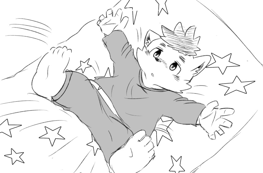 2019 4_toes 5_fingers anthro barefoot bed blush canid canine canis clothing domestic_dog feet fingers furniture greyscale half-closed_eyes hi_res lying lying_on_bed male mammal monochrome narrowed_eyes on_bed open_mouth pajamas pomf sdmyplaces_(artist) solo spread_arms spread_legs spreading toes