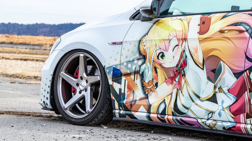 1girl blush bow breasts car colored_tips double_bun floating_hair gloves hair_bun highres hololive hololive_idol_uniform itasha licking_lips long_hair medium_breasts mizuno_kurage momosuzu_nene motor_vehicle multicolored_hair nekko_(momosuzu_nene) one_eye_closed outdoors photo_(medium) pink_hair skirt skirt_set solo tongue tongue_out v vehicle_focus vest virtual_youtuber volkswagen volkswagen_golf volkswagen_golf_gti white_bow white_gloves white_skirt white_vest