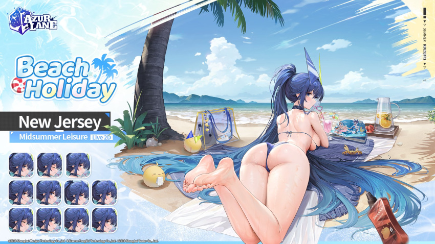 1girl arched_back ass azur_lane bare_shoulders barefoot beach bikini bird blue_bikini blue_hair bottle breasts cheshire_(azur_lane) cheshire_(summery_date!)_(azur_lane) chick choker commentary copyright_name crab crazy_straw cup day drinking_straw english_commentary english_text expressions feet food from_behind fruit heart_straw high_ponytail highres horizon large_breasts legs long_hair looking_back lying manjuu_(azur_lane) new_jersey_(azur_lane) new_jersey_(midsummer_leisure)_(azur_lane) ocean official_art on_stomach outdoors palm_tree picture_book shoulder_blades soles strawberry string_bikini swimsuit thighs toes tree underboob very_long_hair water wet