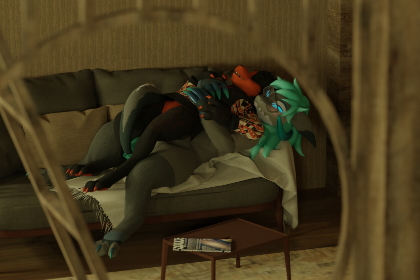 3d_(artwork) ambiguous_gender asher_sterling beanthusiast bedding biped blanket blender_(software) blender_cycles bottomless claws clothed clothing cuddling digital_media_(artwork) digitigrade embrace eyes_closed eyewear eyewear_on_head featureless_crotch feet floor fur furniture glasses glasses_askew gremlin_(spiral_knights) hair hand_holding hi_res holding_another hoodie horn inside ladder lying lying_on_another magazine male_(lore) maleherm_(lore) narrowed_eyes on_back on_sofa onesie open_mouth paws pillow size_difference smile sofa spiral_knights table tail toes topwear wickerbeast wood wood_floor young_the_gremlin