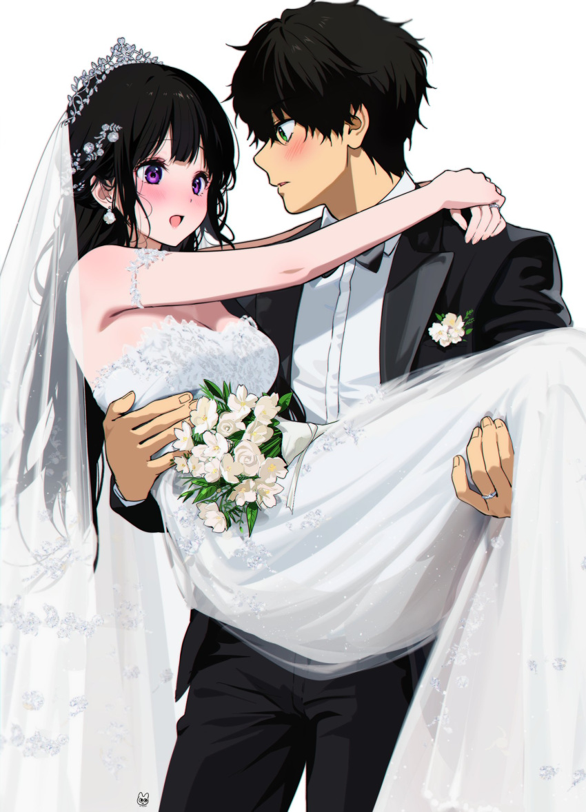 1boy artist_logo black_hair blush chitanda_eru couple dress flower green_eyes hair_ornament highres hyouka kyoto_animation lifting_person long_hair mery_(yangmalgage) open_mouth oreki_houtarou purple_eyes wedding_dress