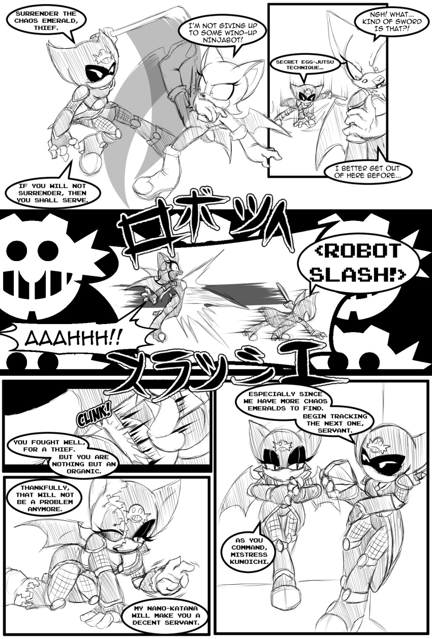2023 4_fingers all_fours anthro bat boots breasts chaos_emerald chaoscroc clothed clothing comic dialogue duo e-91_lady_ninja eggman_logo english_text female fight fingers fishnet footwear gem gloves greyscale handwear hi_res high_heeled_boots high_heels holding_katana holding_object holding_sword holding_weapon japanese_text katana kick leaning_on_wall machine mammal medium_breasts melee_weapon mind_control mistress monochrome narrowed_eyes ninja robot robotization rouge_the_bat screen screen_face sega sonic_the_hedgehog_(series) sonic_x speech_bubble standing sword text thief warrior weapon wings