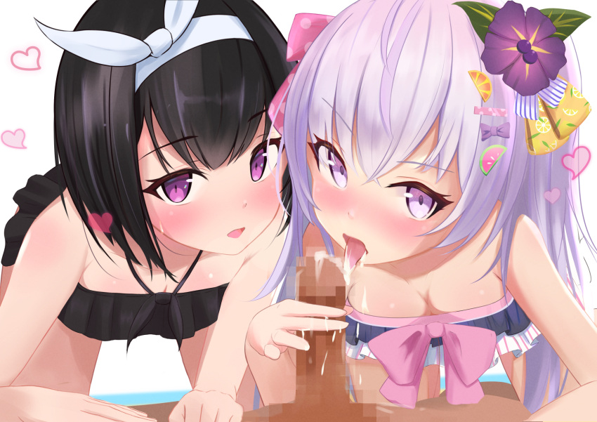 1boy 2girls all_fours azusa_(blue_archive) bare_arms bare_shoulders bikini black_bikini black_hair blue_archive blush body_blush bow bow_bikini breasts censored cleavage cum cum_in_mouth cum_on_tongue erection eyelashes fellatio flower food-themed_hair_ornament frilled_bikini frills hair_between_eyes hair_bow hair_flower hair_ornament hairband heart highres layered_bikini leaf_hair_ornament licking licking_penis light_purple_hair long_hair looking_at_viewer mashiro_(blue_archive) medium_breasts medium_hair miramira1908 mosaic_censoring multiple_girls nose_blush open_mouth oral penis penis_grab pink_bow pink_eyes polka_dot polka_dot_bow pov small_breasts strapless strapless_bikini swimsuit tongue tongue_out twintails watermelon_hair_ornament white_background white_hairband