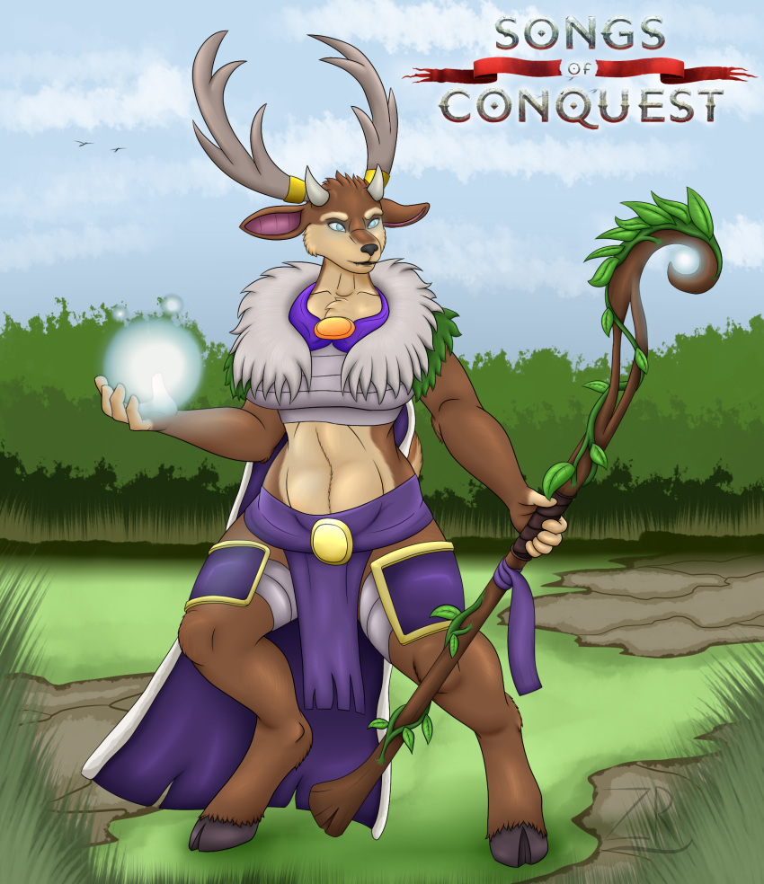 antlers armor brown_body brown_fur cape clothing deer faey faey_queen female forest fur furryrex_(artist) glowing glowing_eyes hi_res hooves horn leaf magic magic_user mammal mantle plant purple_clothing sash solo songs_of_conquest staff tree vines