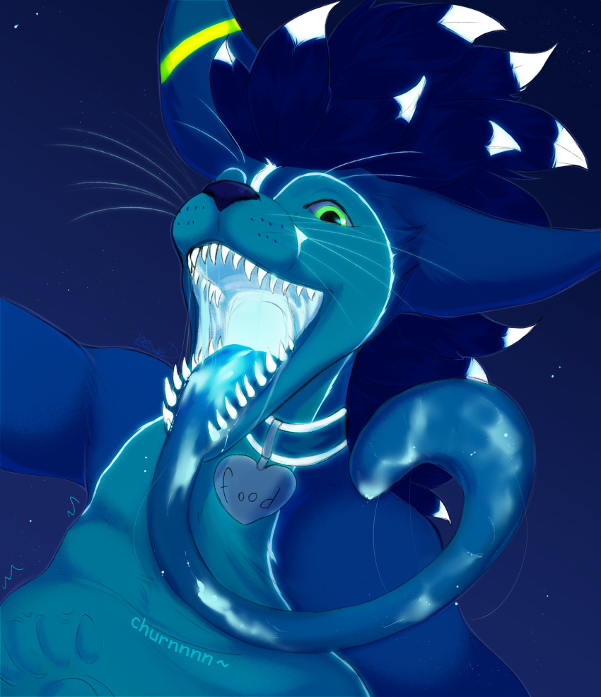 anthro bioluminescence blue_body collar digestion digestion_noises glowing glowing_collar glowing_markings glowing_mouth glowing_saliva glowing_stripes glowing_teeth hi_res holding_viewer imminent_vore kitmurade long_tongue male markings open_mouth oral_vore rexouium solo stripes teeth tongue vore whiskers zeitheron