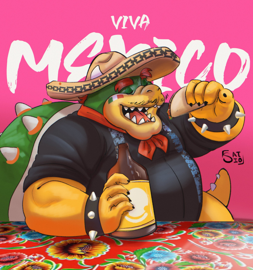 absurd_res anthro bowser clothed clothing digital_media_(artwork) facial_hair food hair hi_res horn jewelry koopa male mario_bros mexican_flag muscular mustache nintendo overweight overweight_male red_hair scalie shell simple_background smile smollsaid solo spikes tail text topwear