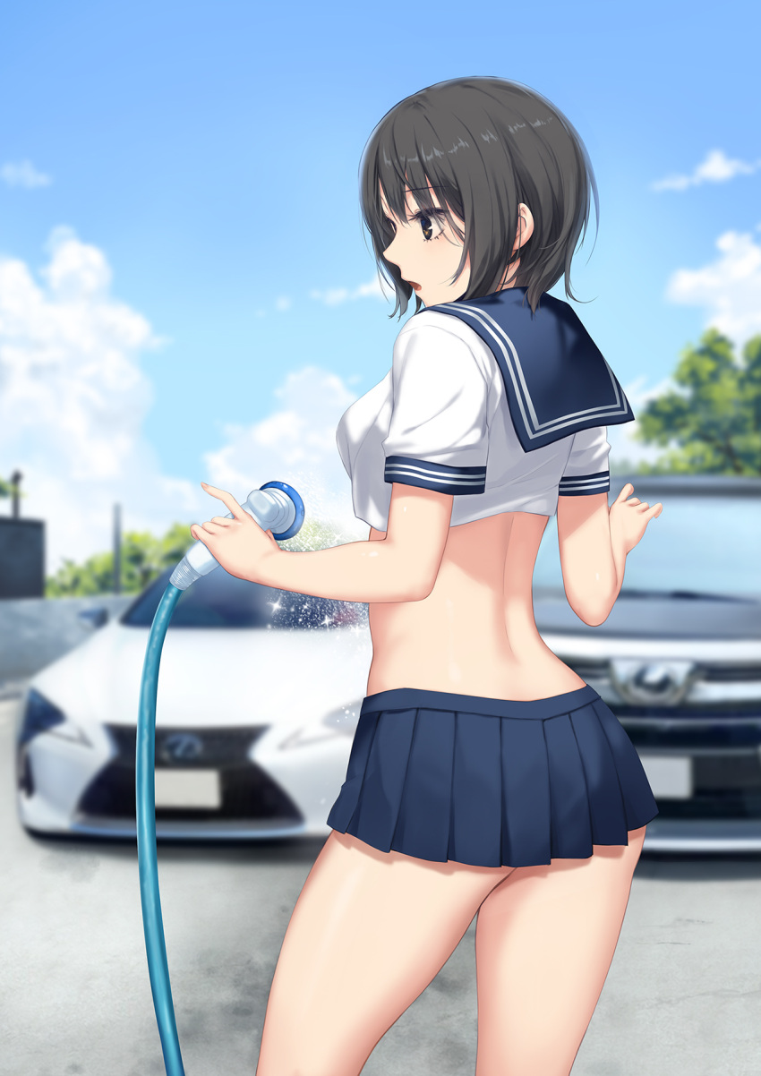 1girl :o aoyama_sumika back black_hair blue_sailor_collar blue_skirt blue_sky blush breasts brown_eyes car coffee-kizoku cowboy_shot crop_top day fate_(series) highres holding holding_hose hose microskirt motor_vehicle open_mouth original outdoors pleated_skirt sailor_collar shirt short_hair skirt sky small_breasts solo water white_shirt