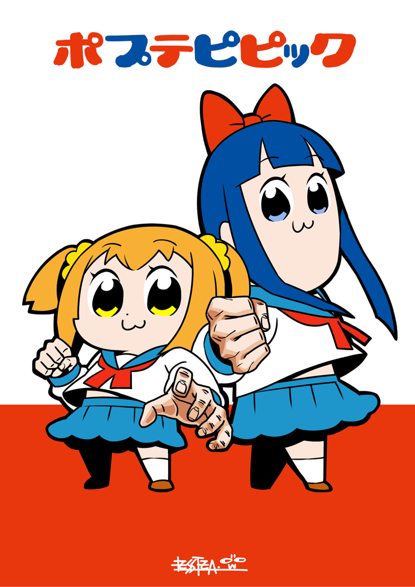 2girls :3 ascot bkub_(style) blue_eyes blue_hair blue_skirt bow clenched_hand copyright_name dot_nose hair_bow hair_ornament hair_scrunchie highres lessteaw long_hair long_sleeves midriff_peek multiple_girls official_style orange_hair pipimi poptepipic popuko reaching reaching_towards_viewer red_ascot red_bow school_uniform scrunchie serafuku shirt short_twintails skirt socks twintails two-tone_background white_shirt white_socks yellow_eyes yellow_scrunchie