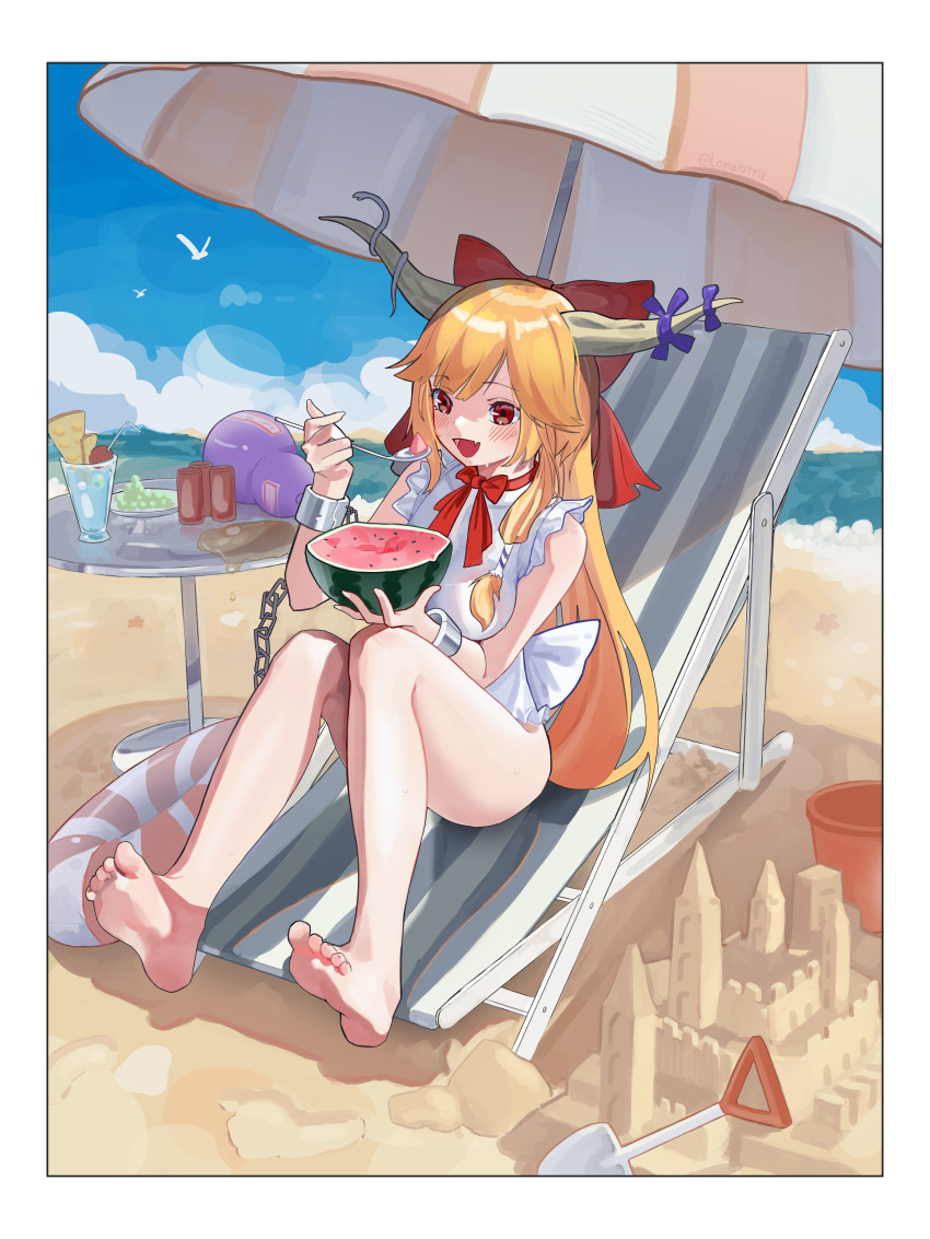 1girl absurdres barefoot beach blue_ribbon blush bow chain cuffs cup day drink drinking_glass drinking_straw fang food fruit gourd hair_bow highres holding holding_food holding_fruit holding_spoon horn_ornament horn_ribbon horns ibuki_suika long_hair longwatry ocean one-piece_swimsuit oni_horns open_mouth orange_hair outdoors parasol red_bow red_eyes ribbon skin_fang smile soles solo spoon swimsuit toes touhou umbrella watermark white_one-piece_swimsuit