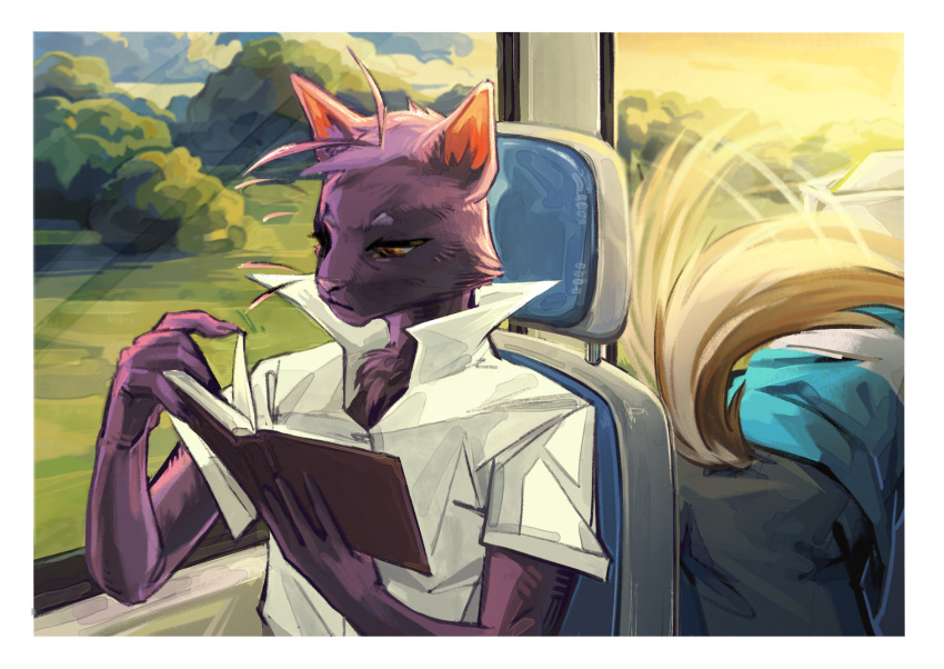 anthro book bus canid canine commercial_vehicle felid feline gentleman hi_res invalid_tag male mammal morenatsu peaceful public_transportation reading shin_(morenatsu) shun_(morenatsu) smile solo summer sunset tail tail_motion tailwag vehicle vehicle_for_hire velvetchaika