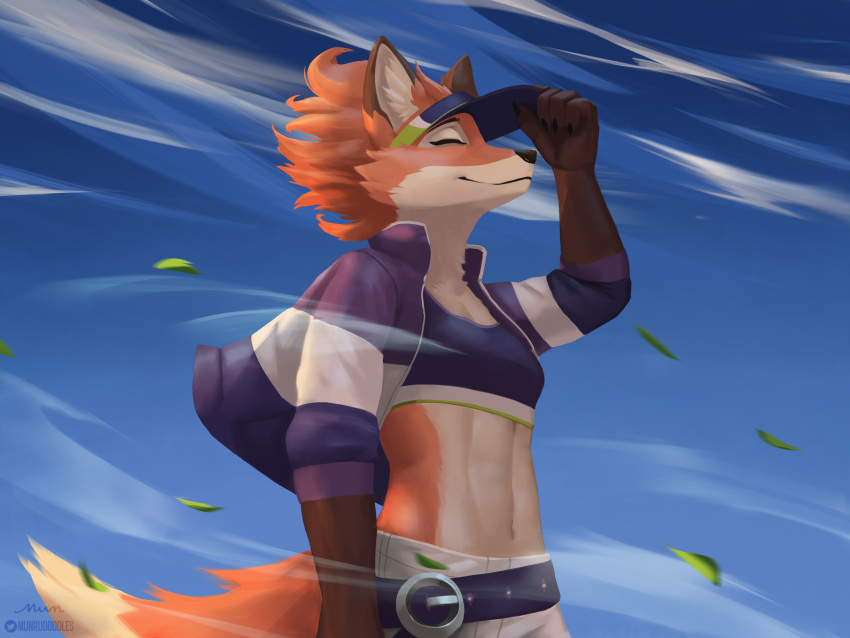 2021 5_fingers anthro artist_name belt bottomwear bra breeze canid canine clothing dungeons_of_aether eyes_closed female fingers fleet_(dungeons_of_aether) fox fur hi_res jacket leaf mammal munrudoodles rivals_of_aether shorts smile solo sports_bra topwear twitter twitter_handle twitter_logo underwear wind