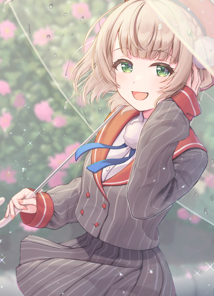 1girl beret blonde_hair blue_ribbon blunt_bangs blurry blurry_background bush buttons cowlick double-breasted flower green_eyes grey_jacket grey_skirt hair_ornament hand_in_own_hair hat highres holding holding_umbrella indie_virtual_youtuber jacket long_sleeves looking_at_viewer neck_ribbon okachi_yuu pink_nails pleated_skirt pom_pom_(clothes) pom_pom_hair_ornament rain red_headwear red_sailor_collar red_sleeves ribbon sailor_collar shigure_ui_(vtuber) shirt short_hair skirt smile solo striped striped_jacket striped_skirt transparent transparent_umbrella umbrella vertical-striped_jacket vertical-striped_skirt vertical_stripes virtual_youtuber water_drop white_shirt