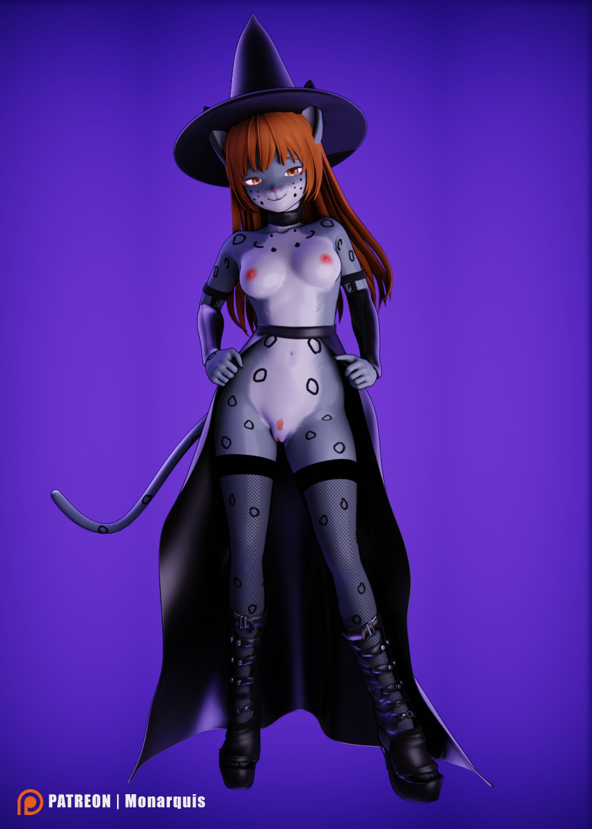 3d_(artwork) absurd_res animal_humanoid anthro black_clothing boots breasts cat_humanoid clothing digital_media_(artwork) felid felid_humanoid feline feline_humanoid female footwear genitals hair halloween_costume hat headgear headwear hi_res holidays humanoid lingerie magic_user mammal mammal_humanoid momo_(monarquis) monarquis nude pantherine pussy red_hair simple_background snow_leopard solo witch witch_costume witch_hat