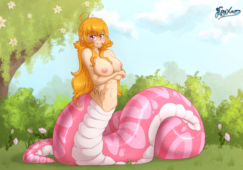 absurd_res apode arm_under_breasts breasts crossed_arms draconcopode female fluffyxai grass hair hi_res humanoid_pointy_ears lamia legless long_hair nipples nude orange_hair pink_body pink_eyes pink_scales plant reptile scales scalie serpentine shrub snake solo split_form tree