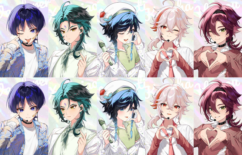 5boys 6+boys :d ahoge akanbe aqua_hair bandaid bandaid_on_cheek bandaid_on_face beret black_choker black_hair black_hairband black_ribbon blue_hair blue_jacket blunt_ends blush braid breast_pocket brown_shirt butterfly_hat_ornament buttons choker closed_mouth collared_jacket collared_shirt commentary crossed_bangs earpiece eyelid_pull eyeliner eyeshadow facial_mark fangs fingernails food-themed_hat_ornament forehead_mark genshin_impact gold_trim gradient_hair green_eyes green_hair green_neckerchief green_shirt hair_behind_ear hair_between_eyes hair_intakes hair_ribbon hairband hand_up hands_up hat hat_ornament headset heart heart_hands highres holding holding_microphone index_finger_raised jacket kaedehara_kazuha kkopoli lapels long_hair long_sleeves looking_at_viewer low_ponytail makeup male_focus medium_hair microphone mole mole_under_each_eye mole_under_eye multicolored_background multicolored_hair multiple_boys multiple_moles neckerchief necktie off_shoulder one_eye_closed open_clothes open_jacket open_mouth parted_bangs partially_unbuttoned pocket polka_dot polka_dot_jacket ponytail print_jacket purple_eyes purple_hair red_eyeliner red_eyes red_eyeshadow red_hair red_necktie ribbon scaramouche_(genshin_impact) shikanoin_heizou shirt short_hair short_sleeves side_braids sidelocks simple_background sleeves_past_wrists smile solo streaked_hair sweatdrop swept_bangs teeth tongue tongue_out twin_braids upper_body upper_teeth_only venti_(genshin_impact) white_hair white_headwear white_jacket white_shirt xiao_(genshin_impact) yellow_eyes