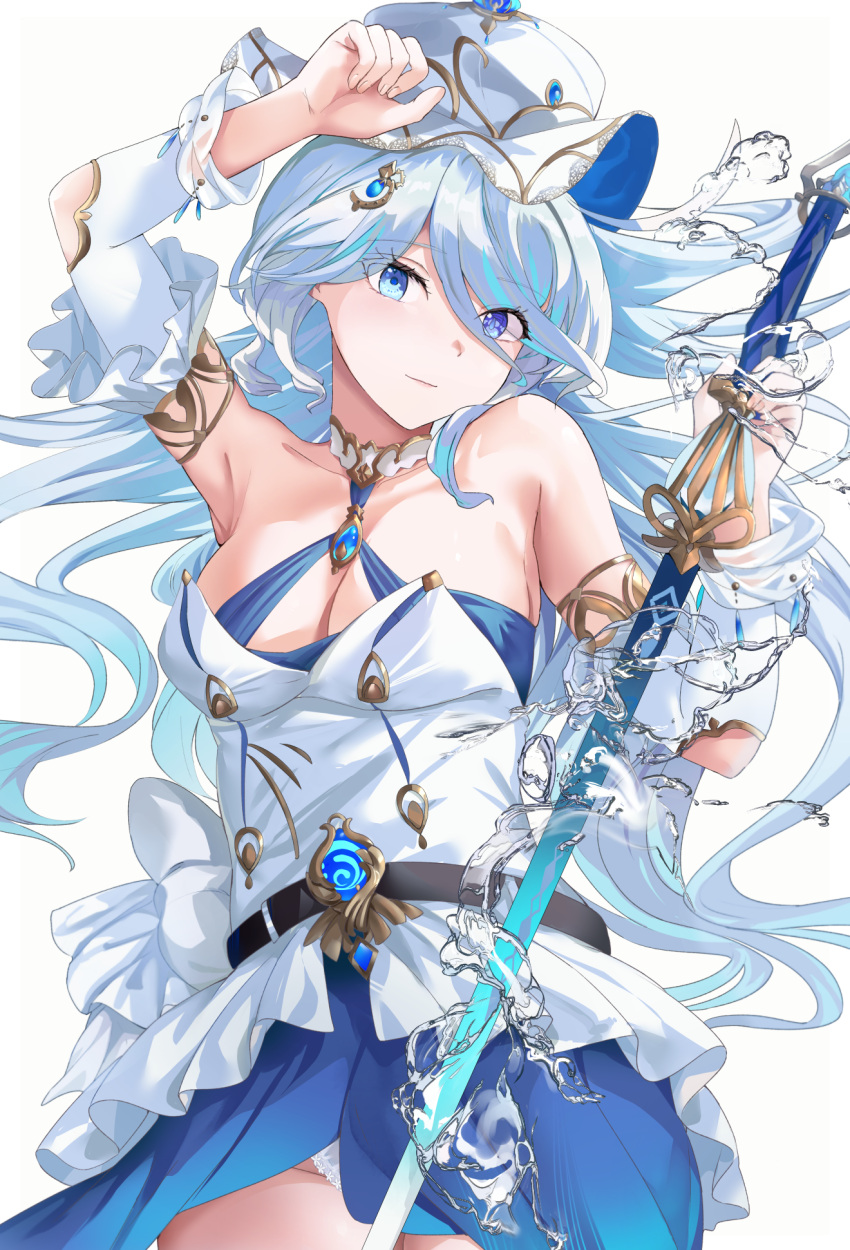 1girl alternate_costume arm_up bare_shoulders belt black_belt blue_eyes blue_hair breasts cleavage commentary_request cowboy_shot detached_sleeves furina_(genshin_impact) genshin_impact highres long_hair long_sleeves looking_at_viewer medium_breasts mosta_(lo1777789) smile solo standing very_long_hair white_background white_headwear