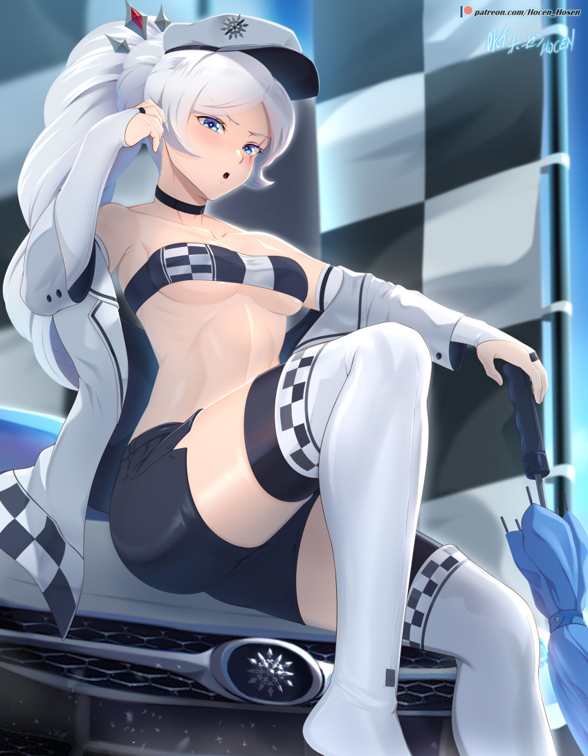 1girl :o alternate_costume bandeau black_choker black_shorts blue_eyes braid braided_ponytail breasts bridal_gauntlets car checkered_clothes checkered_flag choker flag hair_ornament hat high_ponytail highres holding holding_umbrella jacket long_hair looking_at_viewer midriff motor_vehicle off_shoulder on_vehicle peaked_cap race_queen rwby scar scar_across_eye scar_on_face short_shorts shorts sitting small_breasts snowflake_print solo thighhighs thighs tiara umbrella v-shaped_eyebrows very_long_hair vilde_loh_hocen weiss_schnee white_hair white_jacket white_thighhighs
