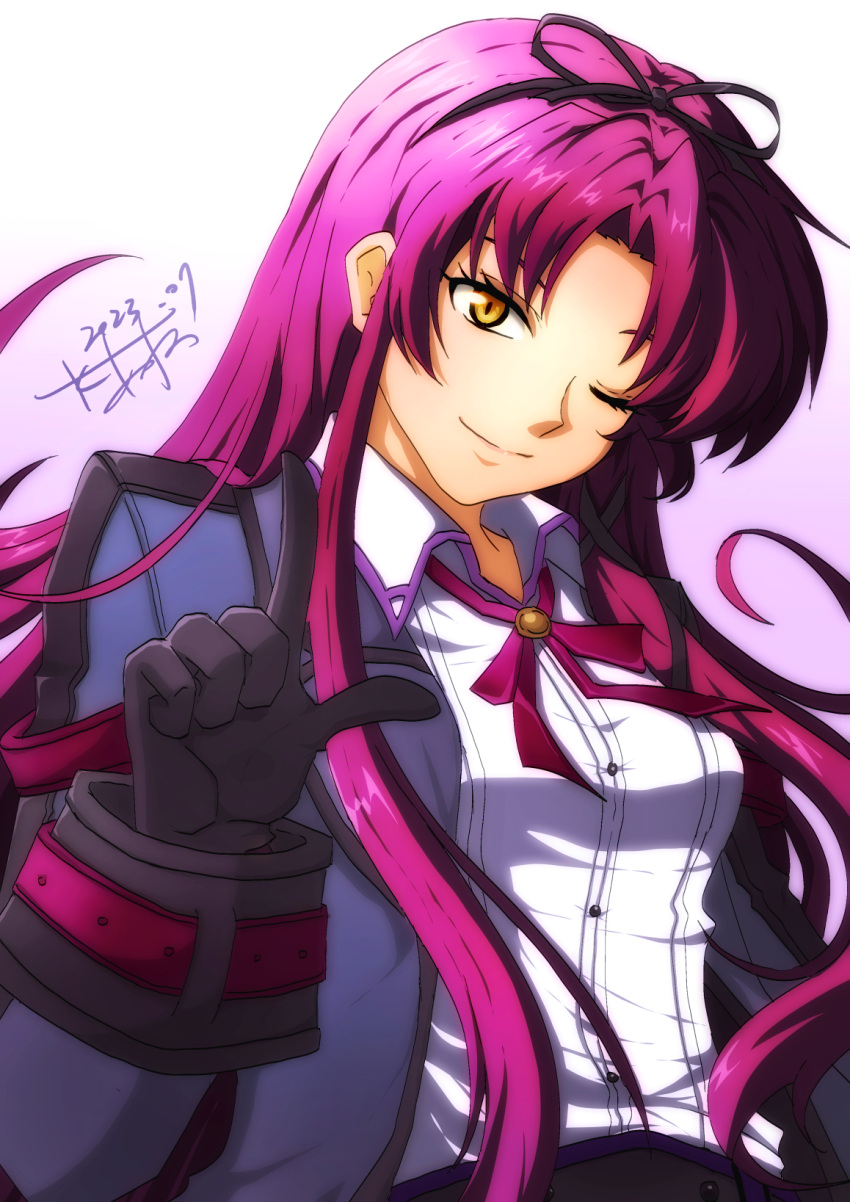 1girl akane_kazami black_gloves black_jacket black_ribbon closed_mouth collared_shirt eiyuu_densetsu gloves gradient_background hair_ribbon hand_up highres index_finger_raised jacket kuro_no_kiseki kuro_no_kiseki_ii long_hair looking_at_viewer one_eye_closed open_clothes open_jacket purple_hair renne_(eiyuu_densetsu) ribbon shirt signature simple_background smile solo upper_body white_shirt yellow_eyes