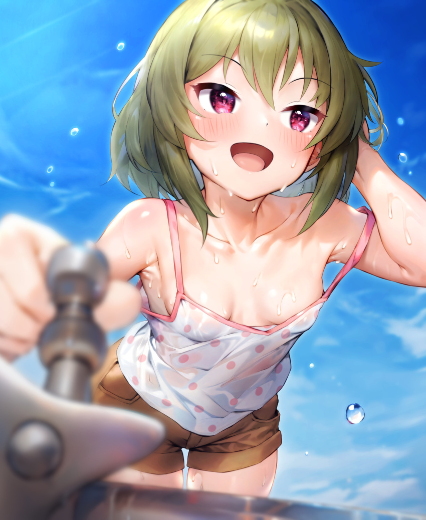 1girl blue_sky blurry blurry_foreground blush breasts camisole cleavage cloud cloudy_sky collarbone dripping faucet flying_sweatdrops from_below green_hair hand_in_own_hair highres idolmaster idolmaster_million_live! looking_ahead nagayoshi_subaru no_bra open_clothes open_mouth pink_eyes polka_dot polka_dot_camisole qianlou_(qianlou12374) short_hair shorts sky small_breasts smile sweat