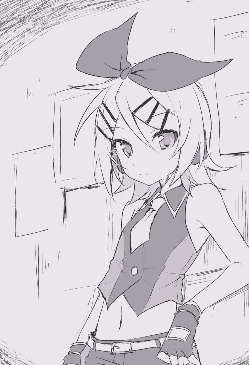 1girl against_wall armpits bare_shoulders belt belt_buckle black_star_(module) bow buckle collared_shirt expressionless fingerless_gloves flat_chest flyer gloves greyscale hair_bow hair_ornament hairclip headphones headset highres kagamine_rin kodoku_no_hate_(vocaloid) looking_at_viewer midriff monochrome navel necktie serious shirt short_hair short_necktie shorts sketch skinny sleeveless sleeveless_shirt solo sudachi_(calendar) swept_bangs tsurime vocaloid