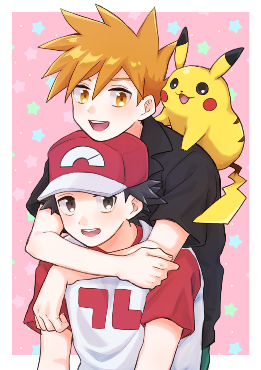 2boys :d black_hair black_shirt blue_oak border brown_eyes collared_shirt commentary_request hat highres male_focus mochi_(mocchi_p_2m) multiple_boys open_mouth pikachu pink_background pokemon pokemon_(creature) pokemon_(game) pokemon_sm red_(pokemon) red_headwear shirt short_hair short_sleeves smile spiked_hair star_(symbol) teeth upper_teeth_only white_border